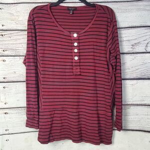 Tribal Women’s Burgundy Black Striped Henley Long Sleeve Top Size L Button Front